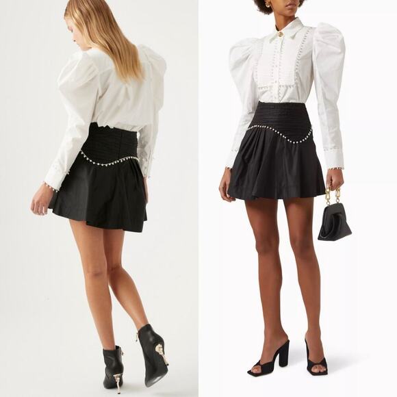 Aje Florence Pearl Trim Pleated Mini Skirt Black Size 4 A-Line Poplin Cotton - Picture 10 of 10